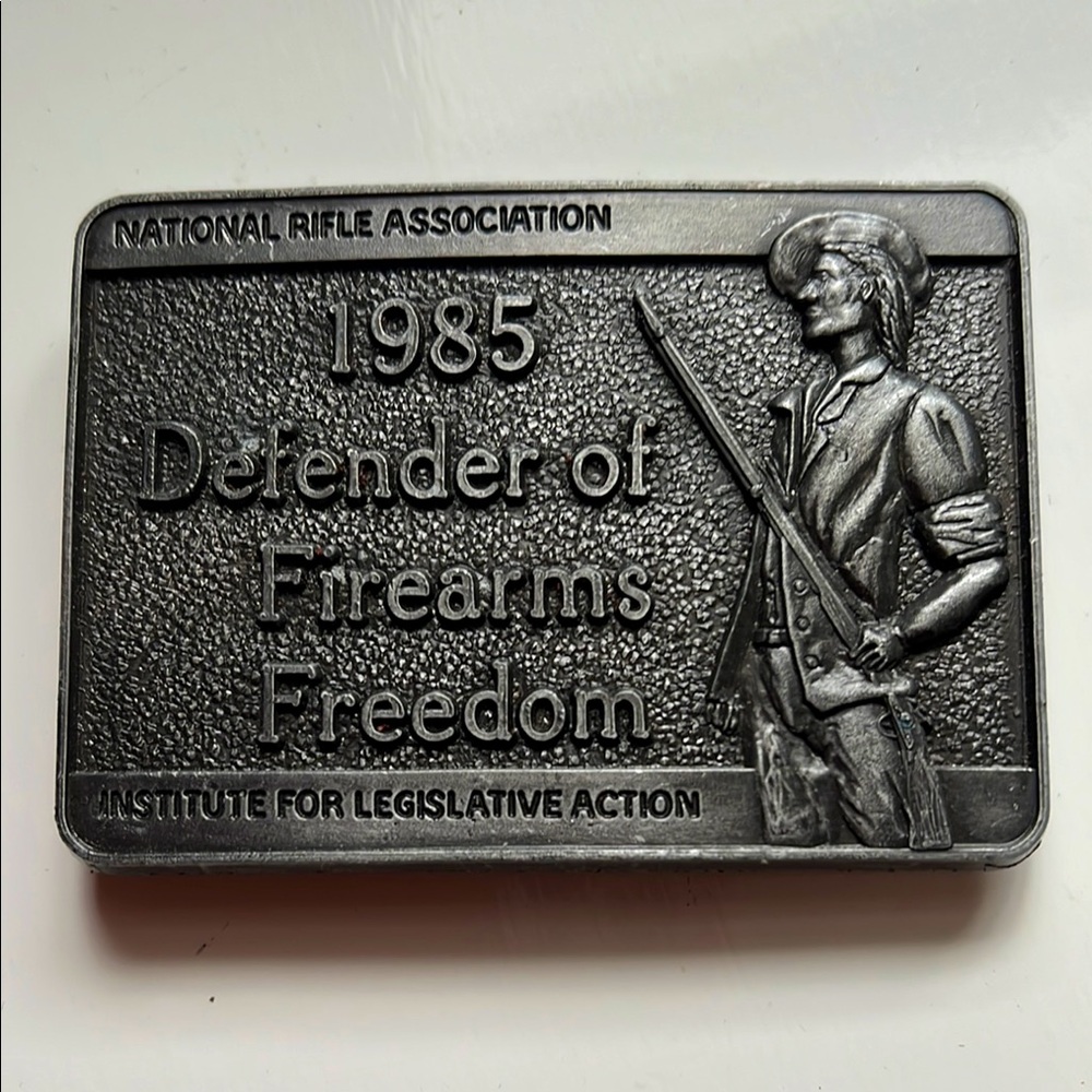 Vintage 1985 Defender of Firearms Freedom Belt Buckle - Silver